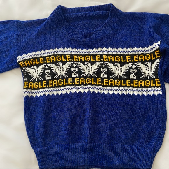 Vintage 70s knit eagle sweater children’s toddlers unisex boys girls blue retro - Picture 5 of 5